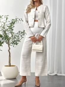 SHEIN 2pcs Maternity Plaid Long Sleeve Single-Breasted Jacket & Adjustable Waist Pants Casual Outfit