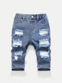 SHEIN Baby Boy Casual Blue Denim Ripped Jeans With Pockets - Medium Wash - View 1