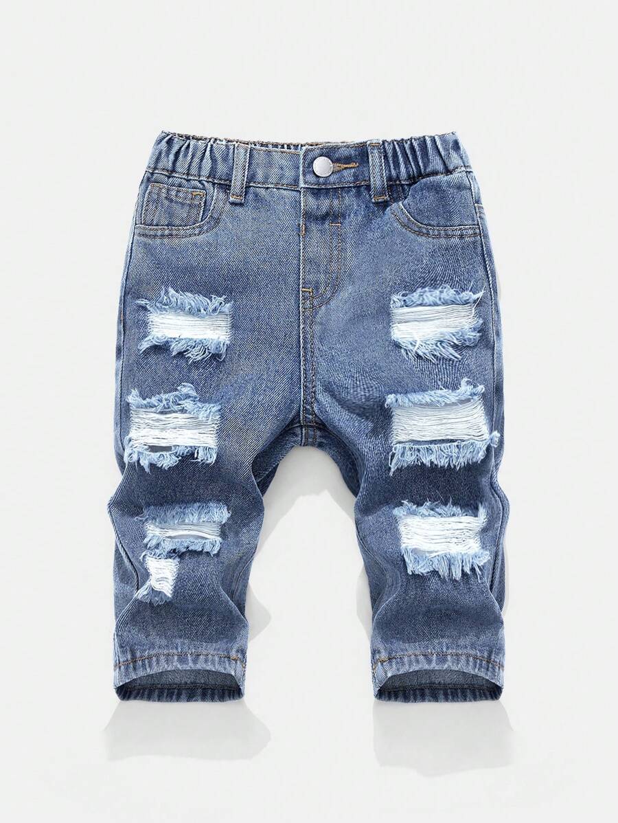 SHEIN Baby Boy Casual Blue Denim Ripped Jeans With Pockets - Medium Wash - View 1