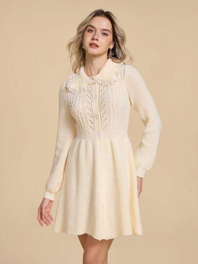 Kawaii Robe en tricot avec taille cintrée, col claudine et garniture en dentelle, sexy et mignonne pour femmes