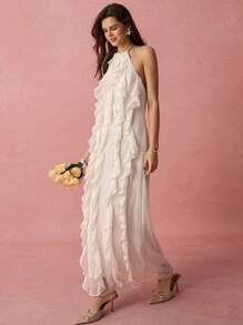 Enchnt Spring/Summer Romantic Women's Vacation Apricot Sleeveless&Backless Ruffled Maxi Dress,Sweet&Elegant For Valentine's Day&Birthday&Sweet Date Night&Prom&Wedding&Garden Parties&Holiday Sundress