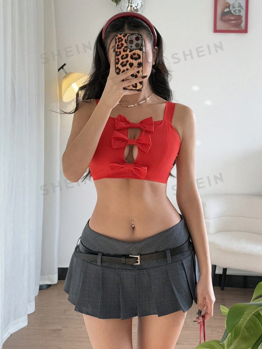 Chiquease Elegantes französischer Stil Cut Out 3D Schleifenoberteil mit Stretchanteil, vielseitig für den Alltag tragbar, Valentinstag, rote Farbe, Frühling/Sommer - Rot - Übersicht 1