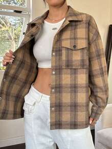 SHEIN EZwear Women Plaid Drop Shoulder Long Sleeve Single-Breasted Cargo Pocket Casual Jacket, Autumn - Yellow - View 5