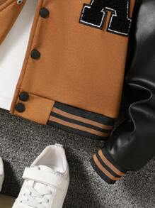 SHEIN Tween Girl Pink Letter Splicing PU Leather Long Sleeve Casual Baseball Jacket