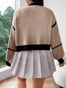 Flirla Plus Size Women Contrast Color Drop Shoulder Long Sleeve Loose Casual Cardigan, Autumn/Winter - Khaki - View 2