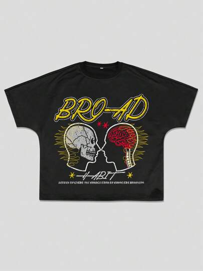 Street Life Camiseta de manga corta de cuello redondo con eslogan y estampado de figura, holgada para hombre