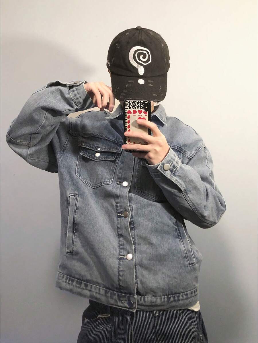 Manfinity EMRG 男士休闲牛仔夹克，简约时尚，日常穿着 - 藍色 - 查看 1