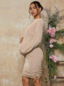 MaterniChic Vestido de maternidad de unicolor para el Día de San Valentín, con manga raglán, abertura lateral, cintura con lazo y ajustado para otoño