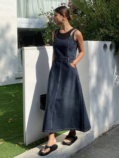 Livesso Vacation And Leisure Outing Wear Summer Retro Washed Women's Vest Denim Dress Sundress