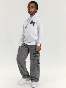 SHEIN 大童弹力腰复古街头时尚多口袋侧面 D 形环装饰黑色牛仔工装裤 - 黑色 - 查看 3