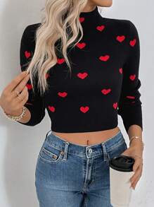 SHEIN LUNE Jersey corto de mujer con cuello alto, manga larga y patrón de corazones, para otoño/invierno