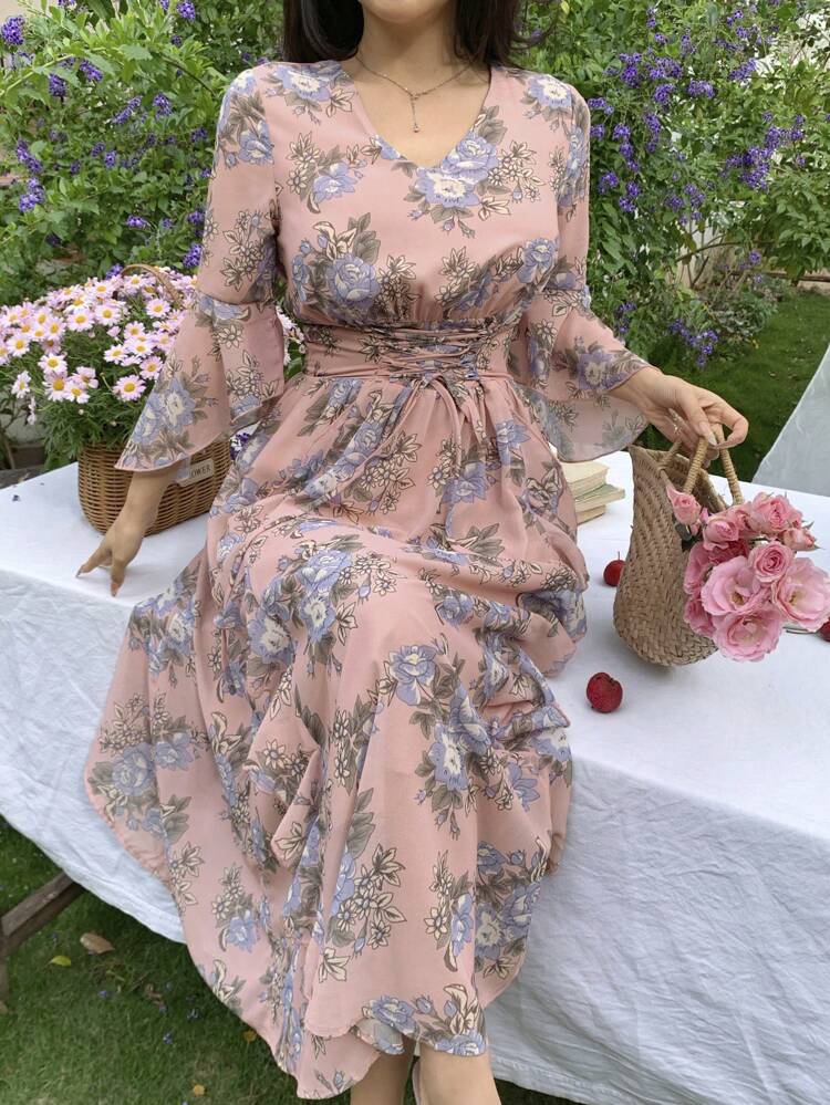 V-Neck Full Floral Print Tie Belt Ruffle Sleeve Midi Dress For Women Sundress,Fall Dress Long Sleeve Dress Boho