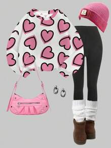 SHEIN Leap Crew 2件套可爱手绘爱心印花套装，粉色，情人节，少女休闲圆领舒适长袖卫衣和打底裤