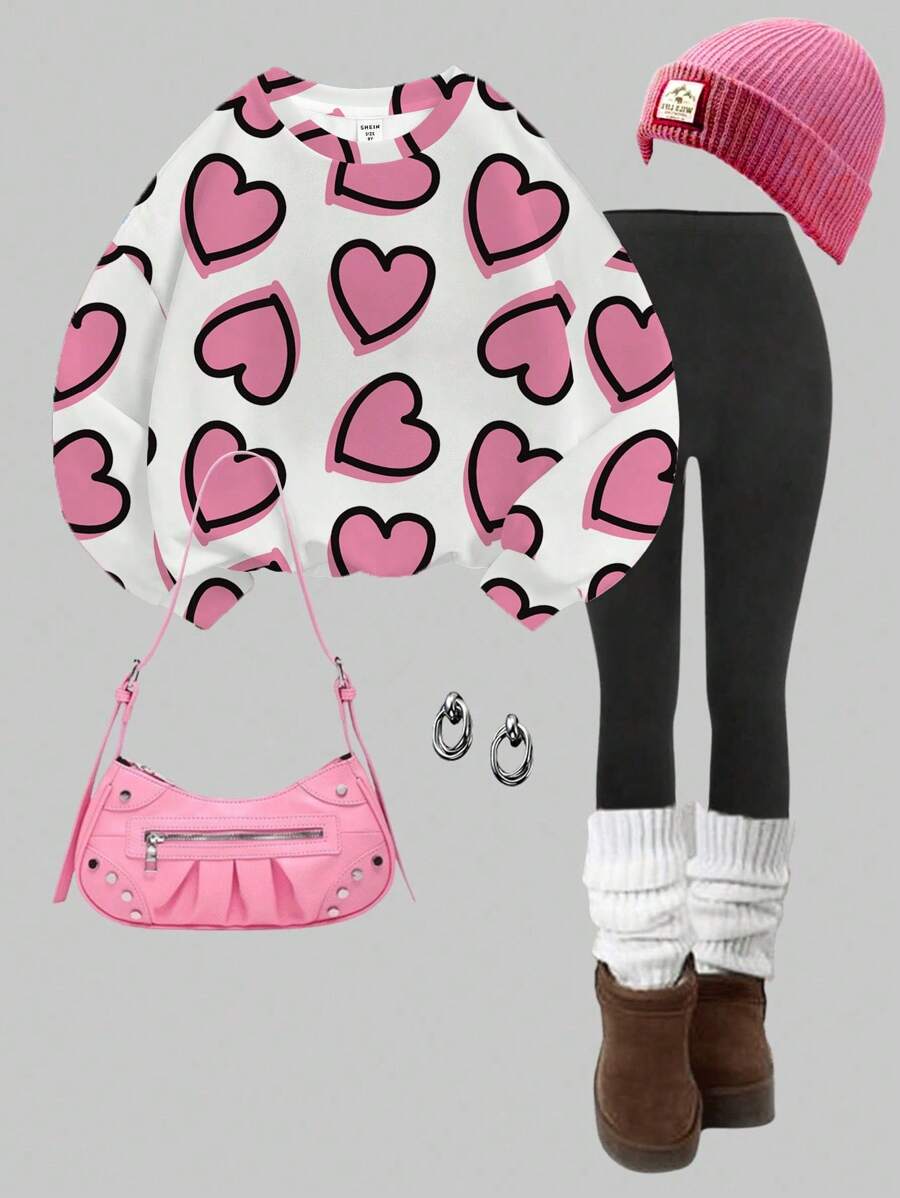 SHEIN Leap Crew 2件套可爱手绘爱心印花套装，粉色，情人节，少女休闲圆领舒适长袖卫衣和打底裤