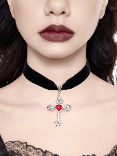 Goth Fashionable Creative Unique Red Heart Rose Cross Shaped Pendant Necklace