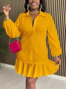 Slaydiva 优雅通勤大码女式白衬衫领不对称下摆荷叶边长袖短裙、秋季连衣裙、半正式连衣裙、教师连衣裙、秋装 - 黃色 - 查看 4