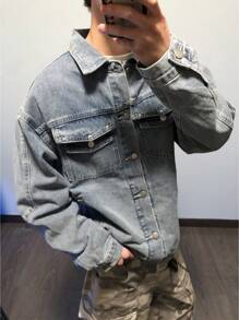 Manfinity EMRG 男士休闲牛仔夹克，简约时尚，日常穿着 - 藍色 - 查看 8