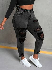 SHEIN ICON Quần Jeans Denim Co Giãn Ôm Sát Gợi Cảm Cỡ Lớn Có Miếng Dán Ren Rách - màu đen - Xem 6
