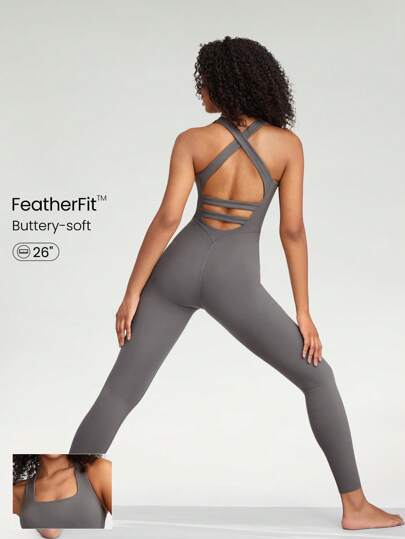 GLOWMODE FeatherFit™ 26'' Scoop Neck Crisscross Back Jumpsuit Low Impact Yoga Studio Summer