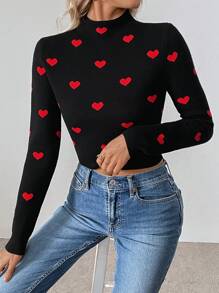 SHEIN LUNE Jersey corto de mujer con cuello alto, manga larga y patrón de corazones, para otoño/invierno