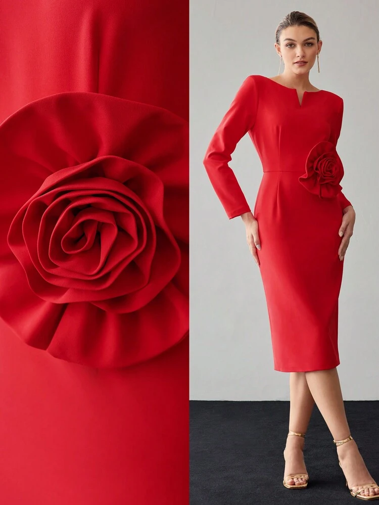 SOLID NOTCH NECK STEREO FLOWER SLIM FIT MIDI DRESS