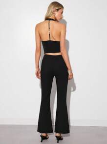 SHEIN EZwear Women's Flared Casual Pants With Corset Waist And Buckle Design - Black - View 3