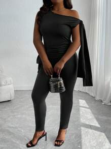 INAWLY Plus Size Women Solid Color Asymmetrical Collar Fitted Top And Legging 2 Pieces Set, Casual - Black - View 3