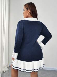 SHEIN Unity Plus Size Women Knit Color Block Sweater Dress With Ruffle Hem And Button Decor, Elegant Dress For Autumn/Winter Fall Cloth For Women - Blue - View 2