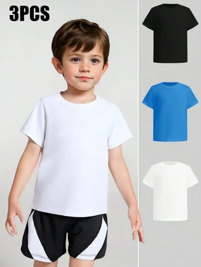 SHEIN Bộ 3 quần áo bé trai, đen, trắng, xanh, tay ngắn co giãn thoải mái, thoáng khí, thấm mồ hôi, thời trang đơn giản, đa năng, thể thao cho bé trai, 4 tuổi