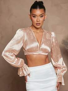 L'Amorae 夏季女士，女装，粉色提花缎面低领喇叭袖短款衬衫，背面交叉系带，短款女式上衣，夏季上衣，长袖短款上衣，外出上衣，性感女式上衣，适合约会之夜、音乐会、演出、派对、音乐节的粉色上衣