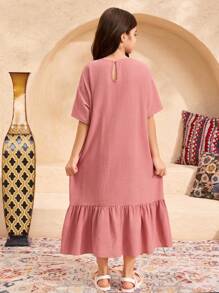 SHEIN Tween Girl Loose Fit Ruffle Hem Heart Embroidery Decor Casual Shift Dress - Pink - View 2