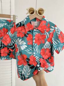 2 Pezzi/Set Completo di Camicia Floreale a Maniche Corte con Bottoni Davanti e Pantaloncini Semplici per Ragazzi Giovani