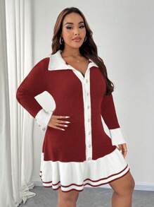 SHEIN Unity Plus Size Women's Knitted Color Block Sweater Dress With Ruffle Hem & Button Detail, Elegant, Autumn/Winter - Red - View 3