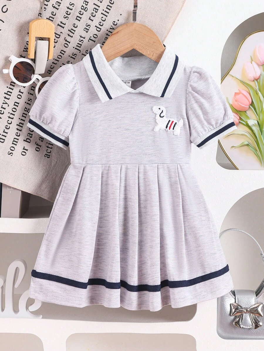 SHEIN Vestido casual plisado con cuello acanalado de moda para niñas, estilo escolar, para el verano