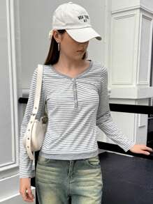 INAWLY Camiseta casual de mujer con rayas y parches, 2 en 1 para otoño