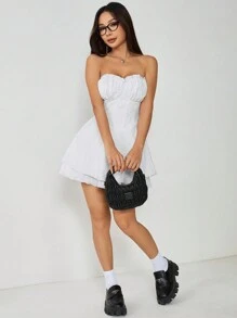 SHEIN PETITE Váy mini không dây màu trơn dành cho nữ, thường ngày & ngày lễ - trắng - Xem 4