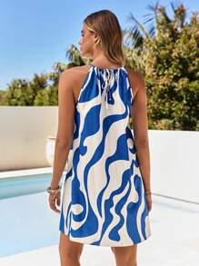 Vivid Eden Robe courte imprimée tissée avec épaules dénudées pour femmes, vêtements d'été, Saint-Valentin, tenues de vacances pour femmes, tenues de plage pour femmes, festival, romantique, bohème, BOHO, douce, tenues de rave festival, vêtements de vacances tropicales pour femmes, carnaval - Bleu et Blanc - Voir 2