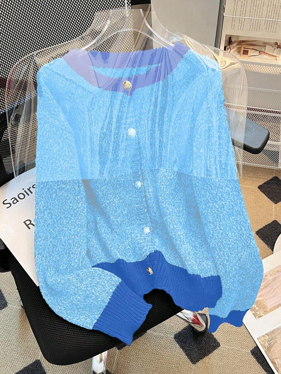 SHEIN LUNE 大码女式撞色圆领针织长袖开衫毛衣夹克 - 藍色 - 查看 1