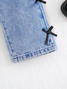 Cozy Pixies Pantalones vaqueros suaves y holgados de mezclilla azul desgastada con lazo lateral lindo para niñas, ropa de niñas para otoño e invierno, atuendos para volver a la escuela