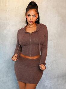 BamGleam Cardigan Hooded Knit Top + Mini Skirt Set - Rust Brown - View 6