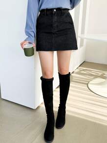 DAZY Women Washed Frayed A-Line Short Denim Mini Skirt, All-Season Jeans Skirt - Black - View 5