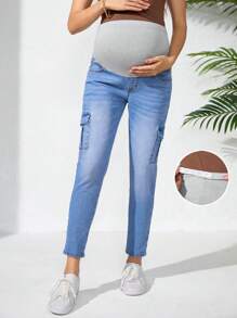 SHEIN Adjustable Waist Work Pockets Skinny Maternity Casual Jeans - Light Wash - View 1