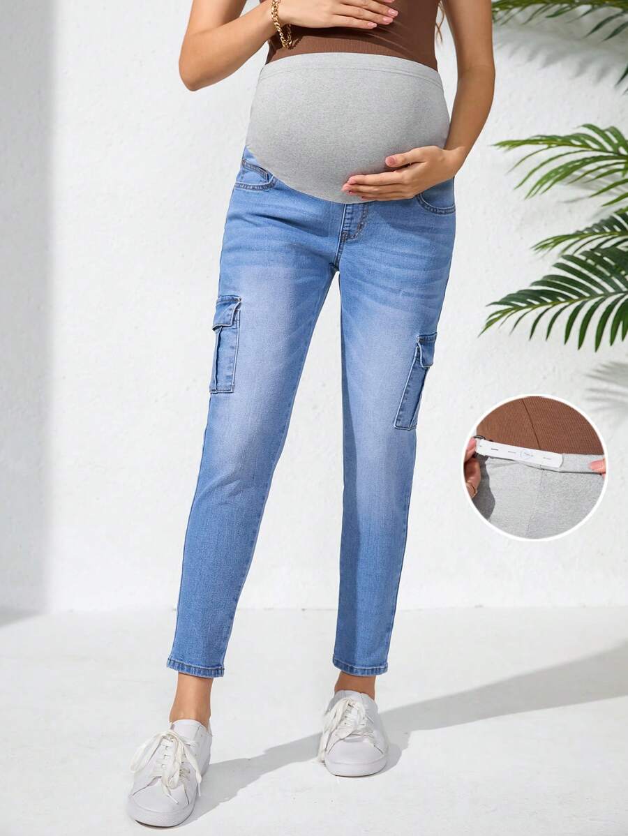 SHEIN Adjustable Waist Work Pockets Skinny Maternity Casual Jeans - Light Wash - View 1