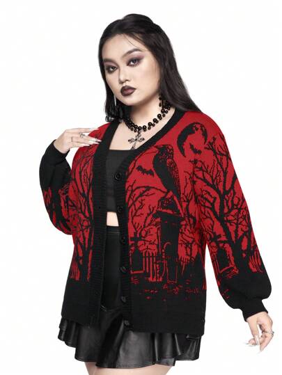 Goth Cardigan ample blocs de couleurs grande taille avec imprimé de corbeau, chauve-souris, lune, cimetière, branche d'arbre et plante, style gothique d'hiver/Noël, grande taille