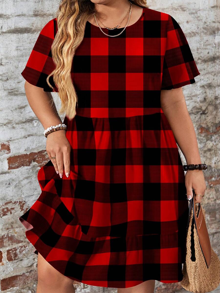 EMERY ROSE Vestido casual de talla grande con estampado de cuadros rojos, corte holgado, cuello redondo y manga corta, adecuado para primavera/verano