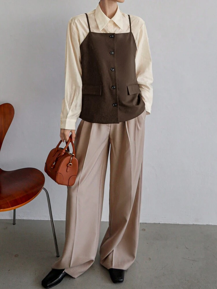 2pcs Women Loose Contrast Color Shirt & Suspender Suit Set