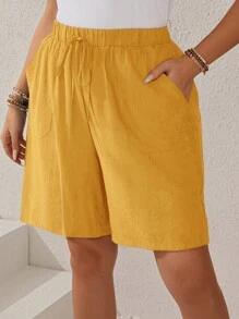 EMERY ROSE Plus Size Women's Texture Striped Elastic Waist Drawstring Pocketed Straight Dark Blue Shorts For Summer - Yellow - View 1