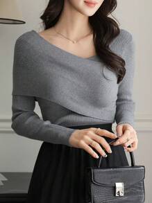 DAZY Áo len dệt kim tay dài bất đối xứng màu trơn, họa tiết sọc đơn giản dành cho nữ, quần áo mùa thu cho nữ - Xám - Xem 4