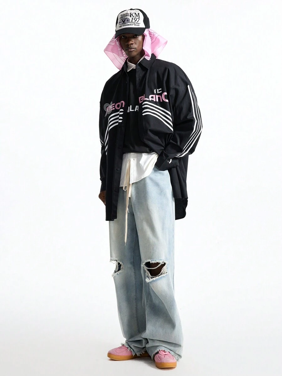 NEON BLANC Men's Street Fashion Woven Letter Print Long Sleeve Shirt - Black - View 1