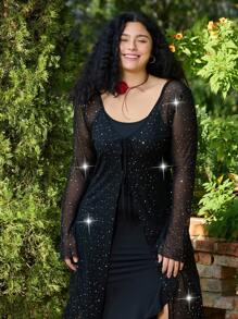 SHEIN EZwear ملابس علوية نسائية كبيرة الحجم طويلة الأكمام رومانسية ذات ربطات، مزينة بالترتر، ربيعية - الأسود - مشاهدة 1